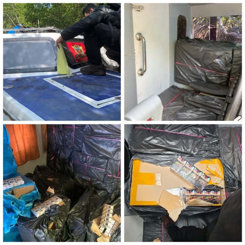 Speedboat Bermuatan Rokok Tanpa Pita Cukai Yang Kandas di Tepi Hutan Bakau di Kawasan Pedalaman Pulau Panjang