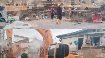 Aktivitas pembangunan gedung parkir lima lantai milik developer Cipta Group di depan PT Satnusa.